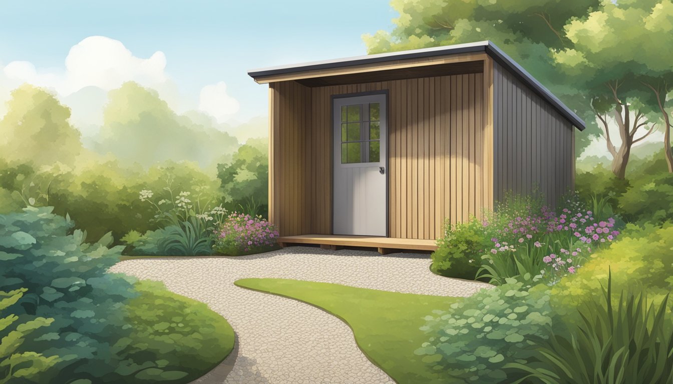 A small shed with wooden siding and a sloped roof, surrounded by lush greenery and a gravel path leading up to the entrance