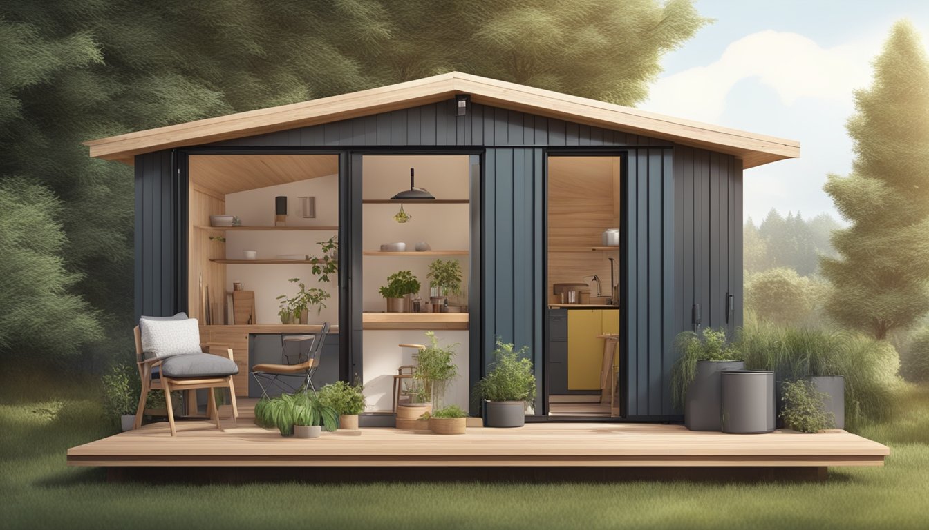 A small shed transformed into a cozy tiny house with multifunctional furniture and clever storage solutions