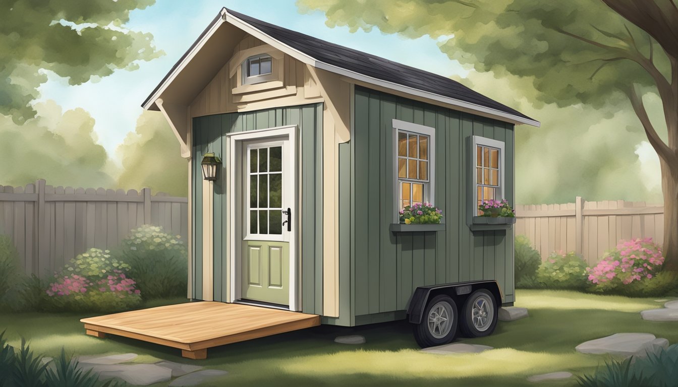 A small shed being transformed into a cozy tiny house with added windows, a front door, and a fresh coat of paint