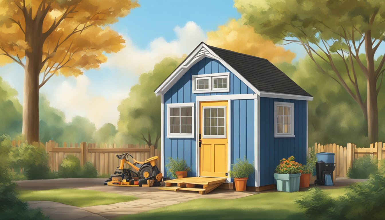 A small shed with windows and a porch, surrounded by tools and building materials from Home Depot, set against a backdrop of trees and blue sky