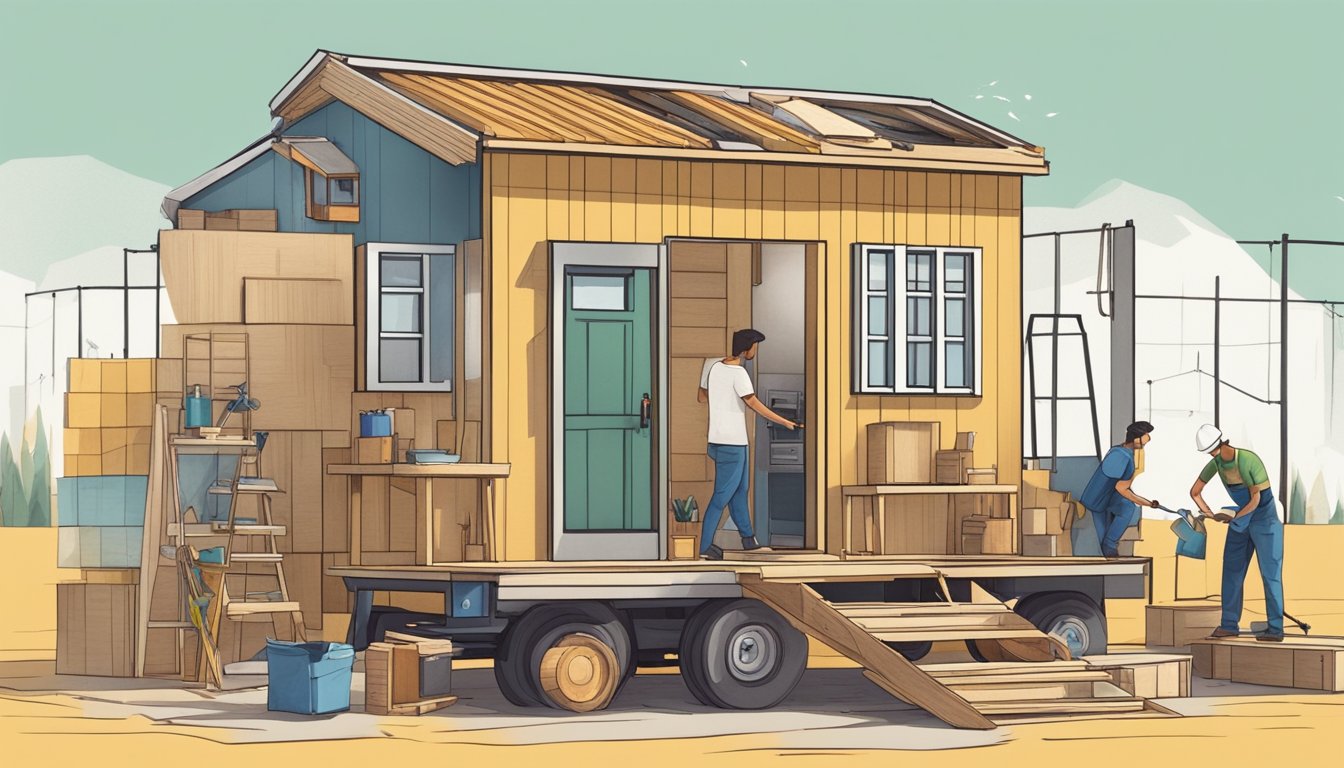 A tiny house being built by a person, with tools and materials scattered around the construction site