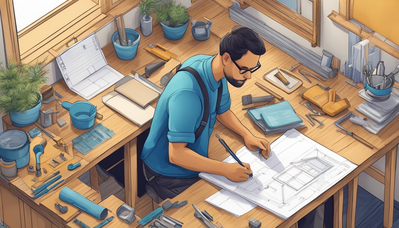 A person drawing blueprints for a tiny house, surrounded by tools and materials