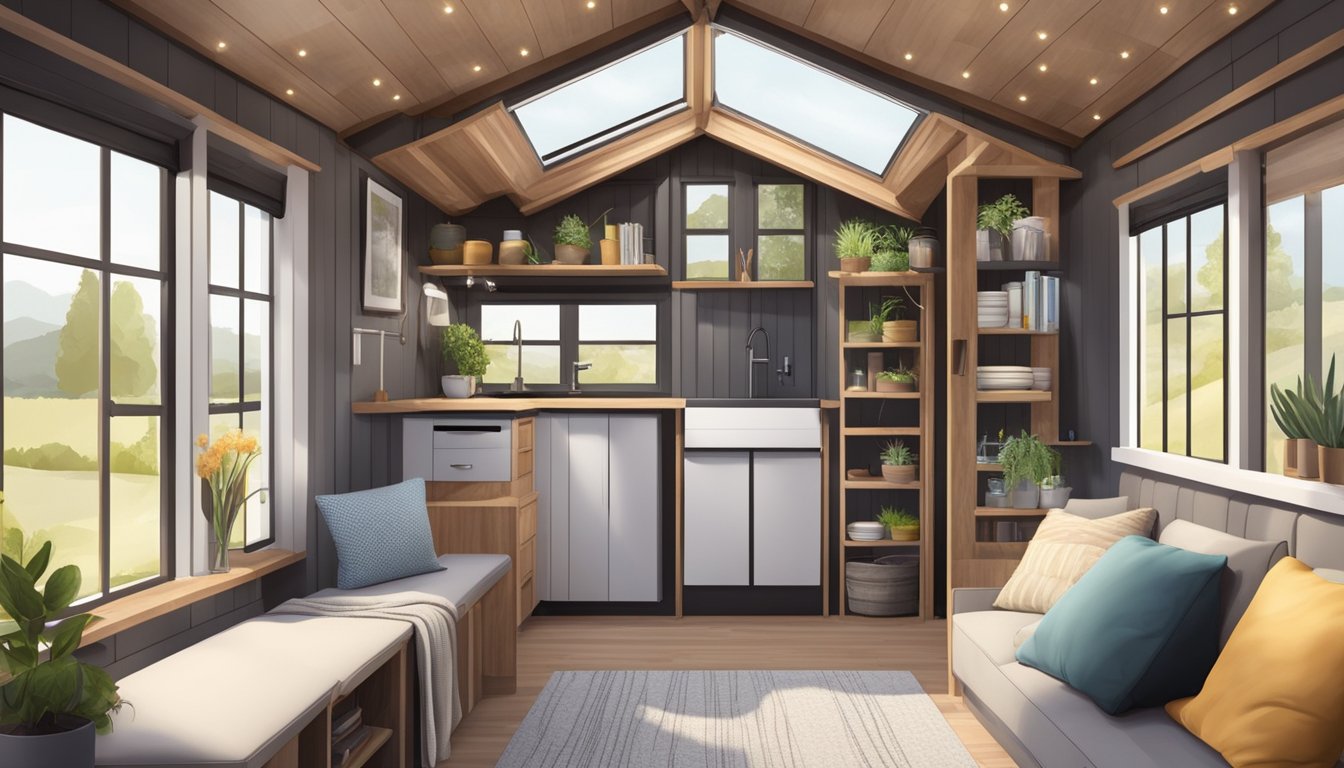 A cozy, functional tiny house shed with a spacious interior, large windows for natural light, and a well-organized storage system