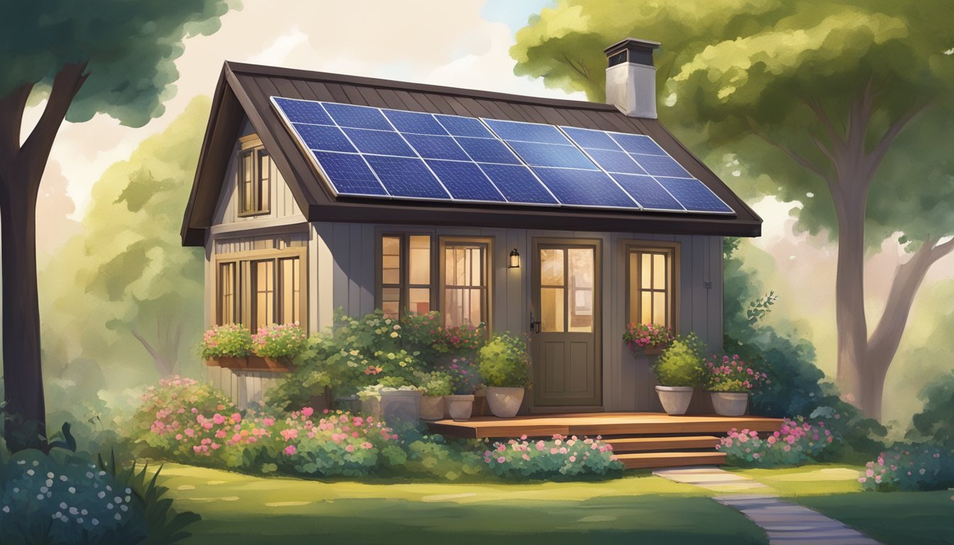 A cozy tiny house nestled in a serene natural setting, surrounded by lush greenery and blooming flowers. A small vegetable garden and solar panels are visible, emphasizing sustainability