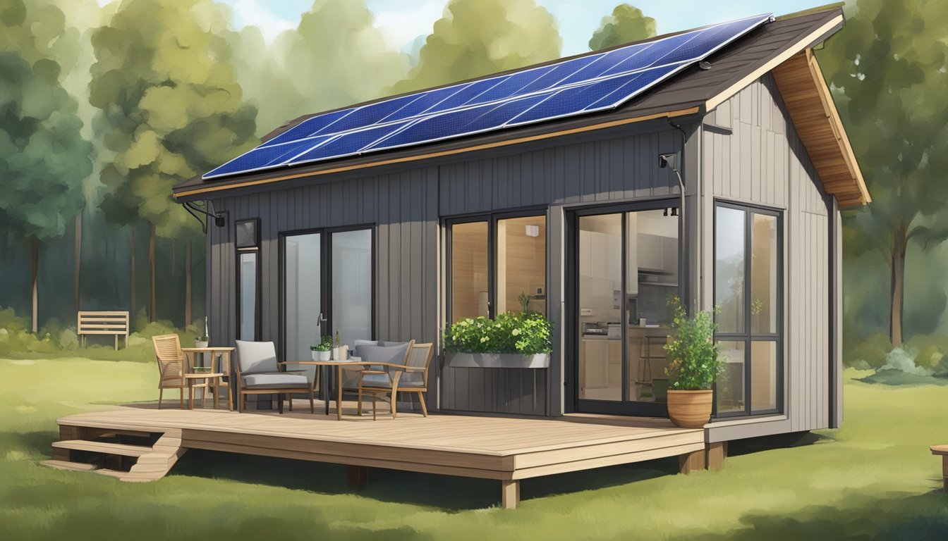 A tiny house shed with solar panels, rainwater collection system, and outdoor kitchen