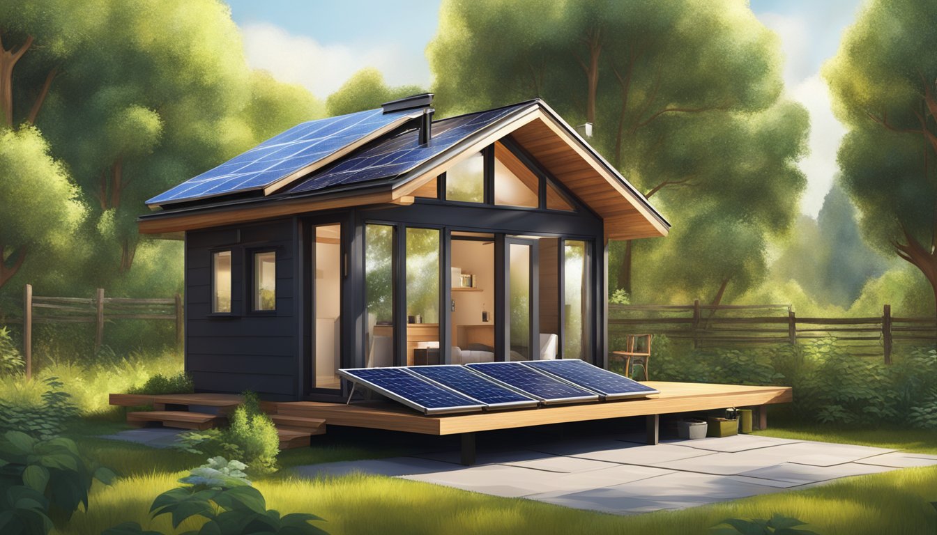 A tiny house with solar panels on the roof, surrounded by greenery and basking in the sunlight