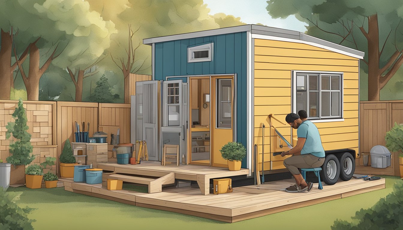 A person assembling a tiny house from a DIY kit, surrounded by tools and materials in a backyard setting