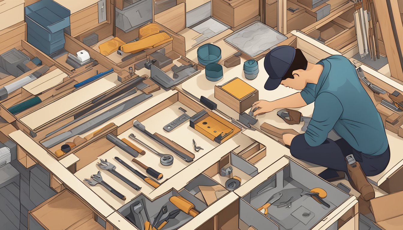 A person assembling a tiny house kit with tools and materials scattered around