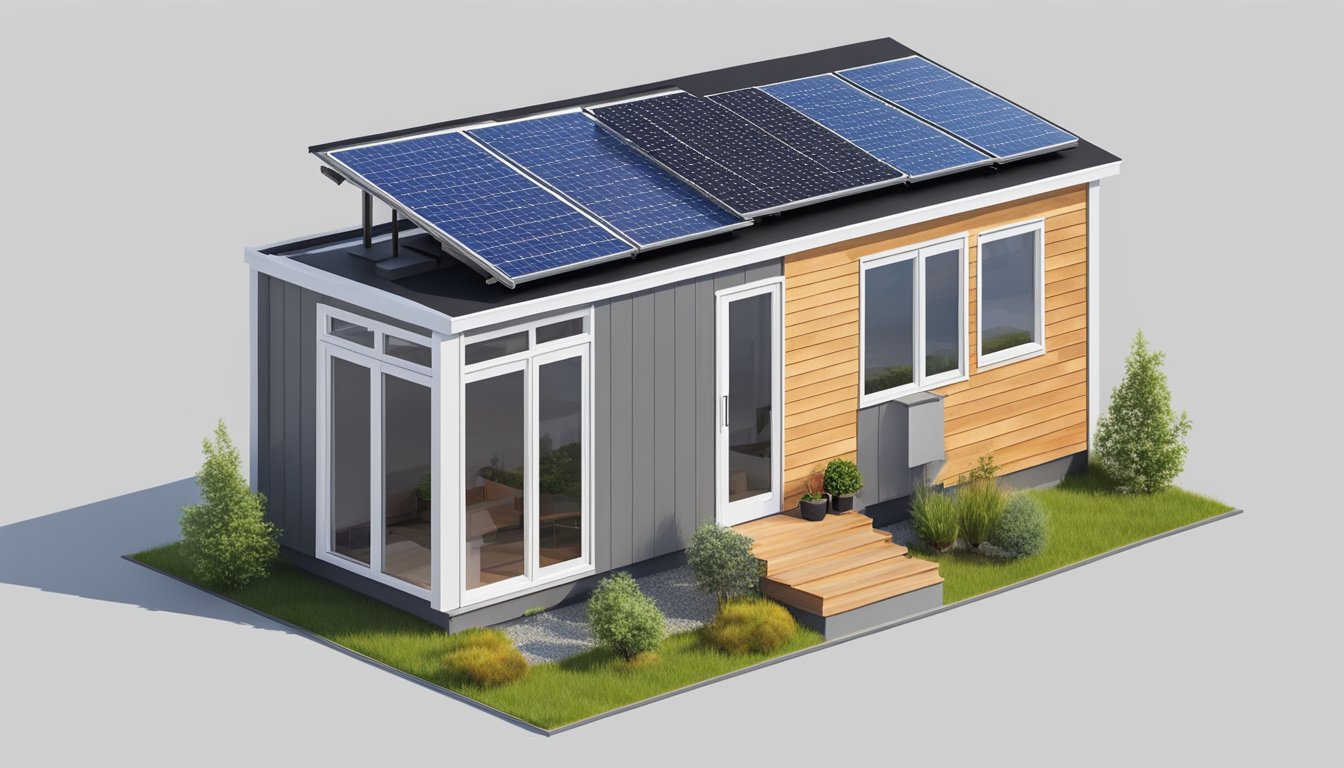 A tiny house with solar panels on the roof, connected to the grid