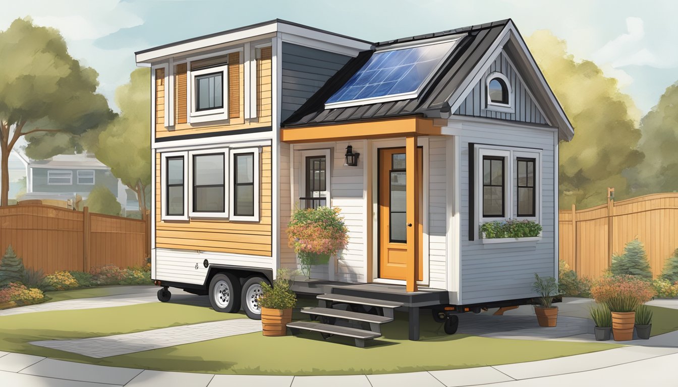 A two-story tiny house with a Home Depot logo, surrounded by financial charts and graphs