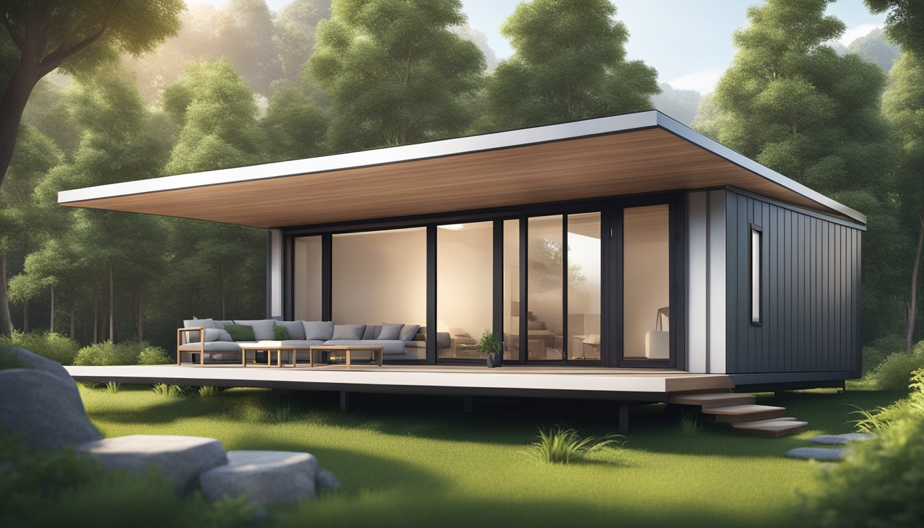 A sleek, modern tiny house with foldable walls and a minimalist design, surrounded by lush greenery and nestled in a serene natural setting