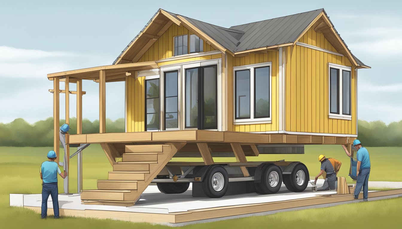 A tiny house being constructed on a sturdy foundation, with builders following building codes and zoning laws