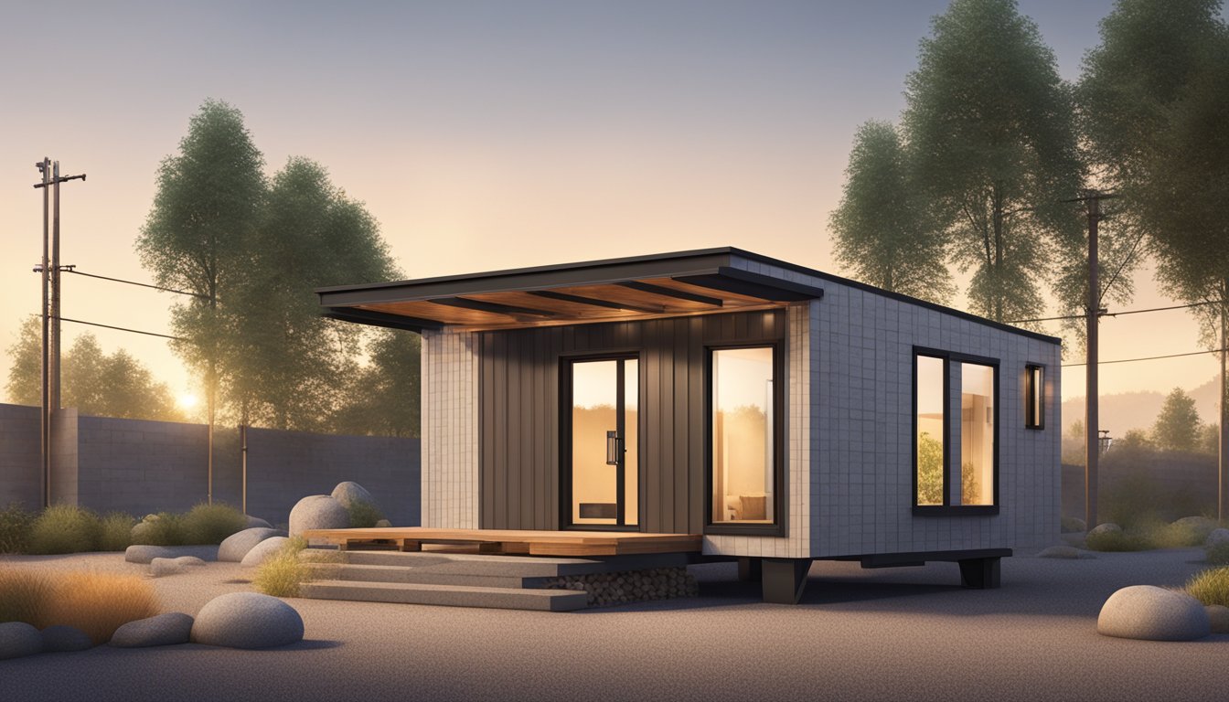 A tiny house sits on a concrete slab foundation, surrounded by cinder block piers and steel beams. The ground is level and covered with gravel