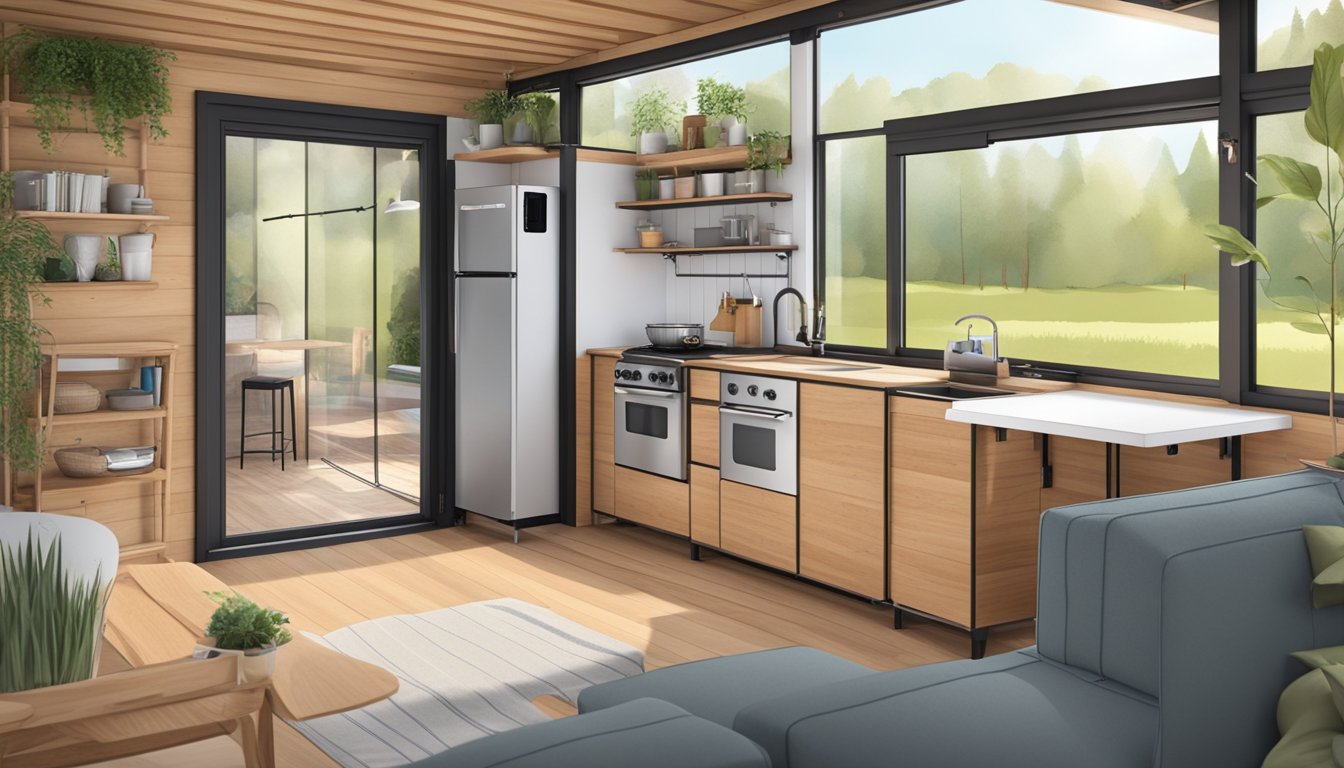 A tiny house with foldable walls, a lofted bed, a compact kitchen, and a cozy living area with large windows and a sliding door leading to a small outdoor deck