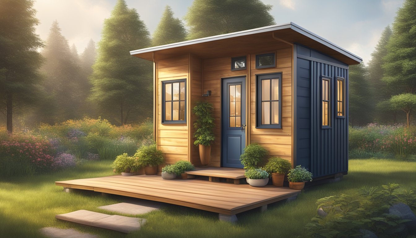 A cozy tiny home surrounded by nature, with a small porch and garden, solar panels on the roof, and a composting toilet