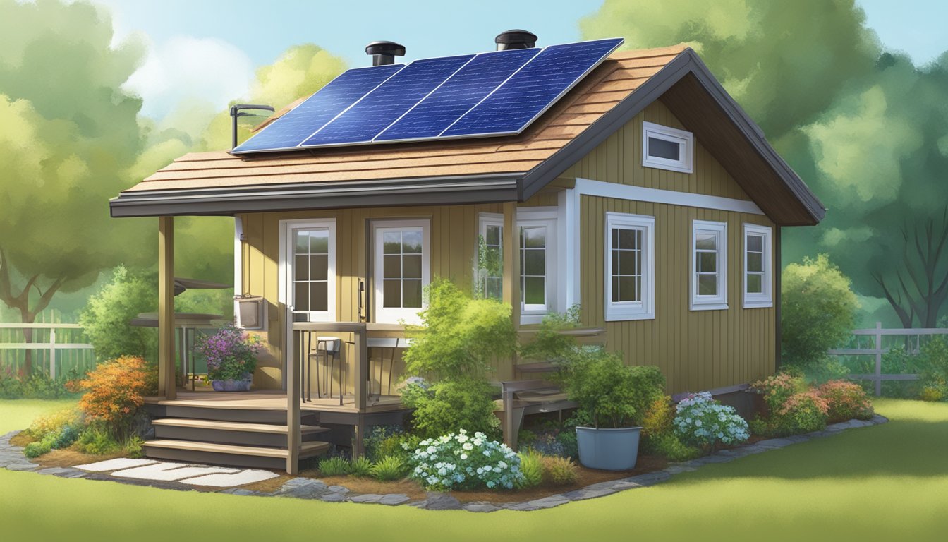 A tiny house with solar panels, rainwater collection system, and garden