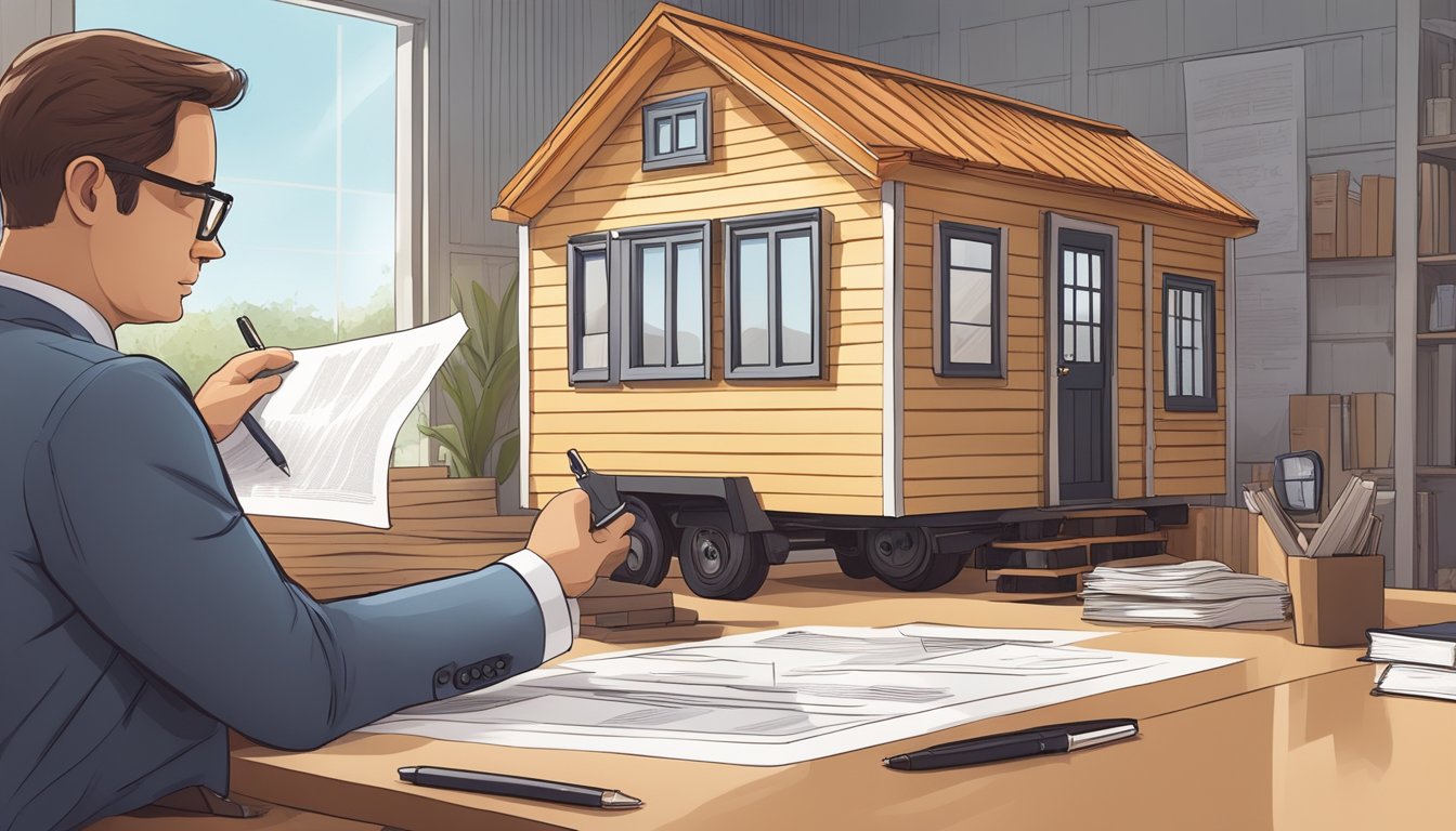 A tiny house being inspected by a government official with a stack of legal documents and regulations in the background