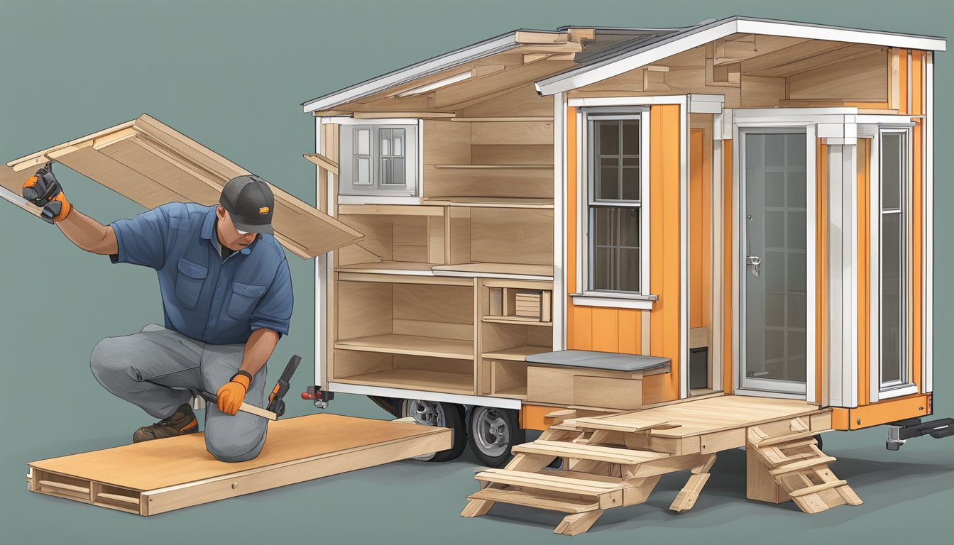 A worker assembles a tiny house kit from Home Depot, using power tools and following detailed construction instructions