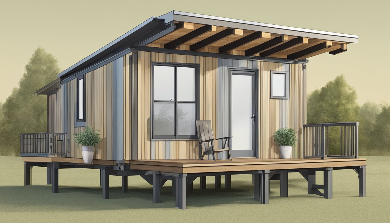 A sturdy tiny house kit sits on a level foundation, with beams and supports in place for structural integrity