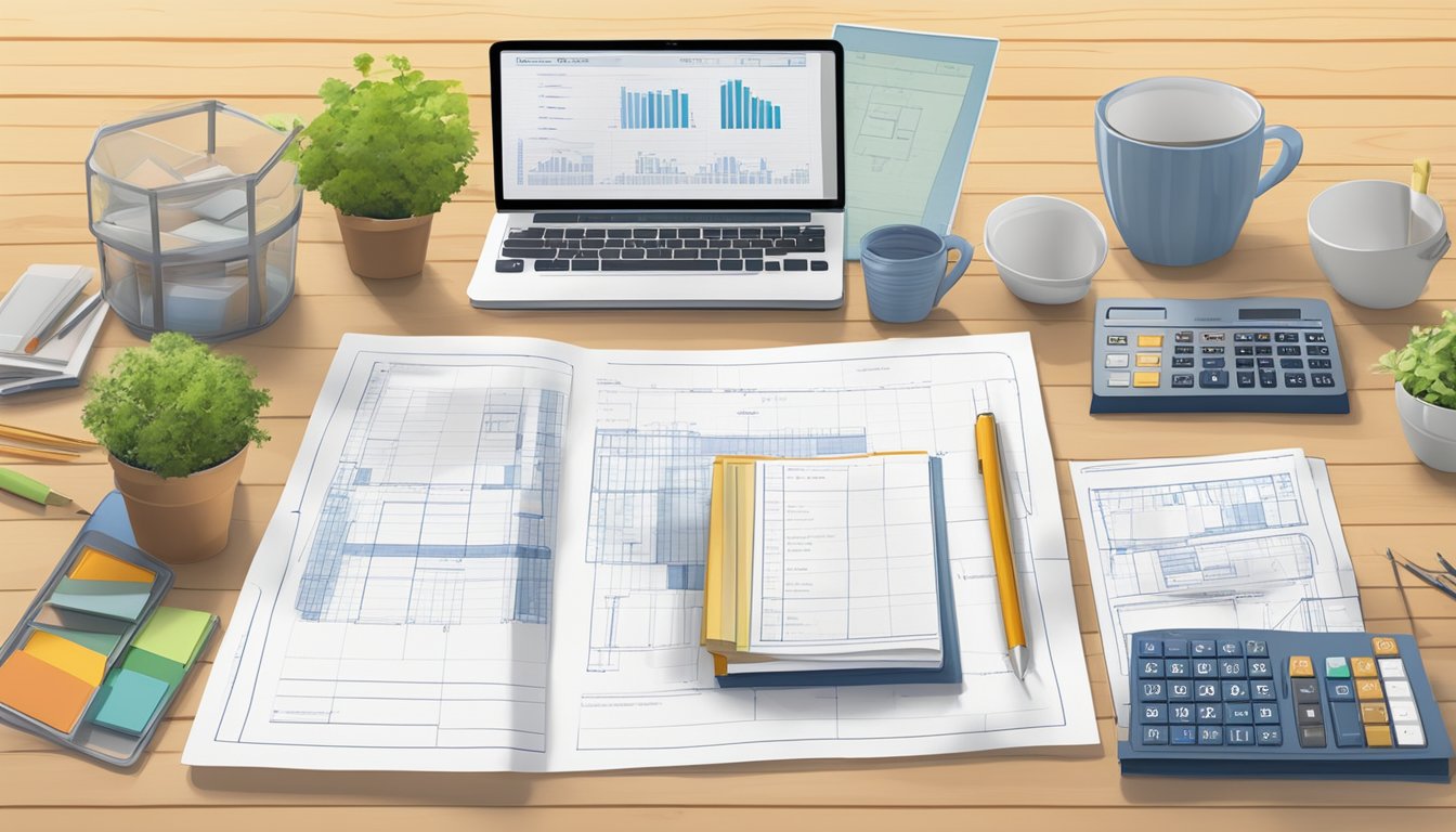 A table with blueprints, calculator, and budget spreadsheet for home depot tiny house kits