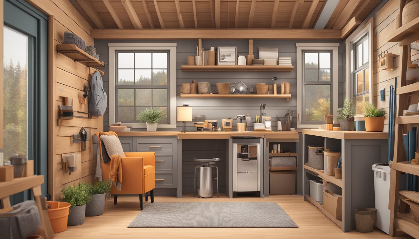 A cozy tiny house kit displayed in a Home Depot showroom, surrounded by various tools and building materials