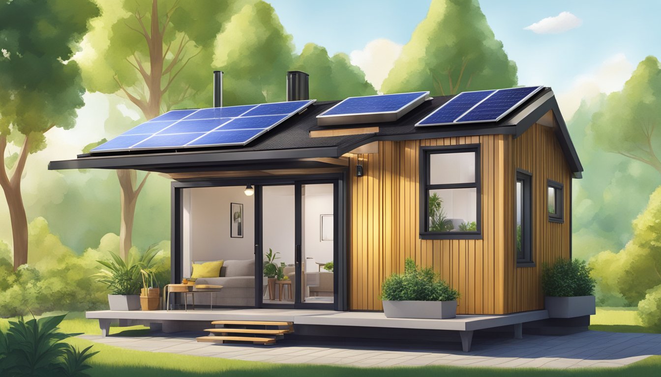 A tiny house with solar panels on the roof, surrounded by greenery