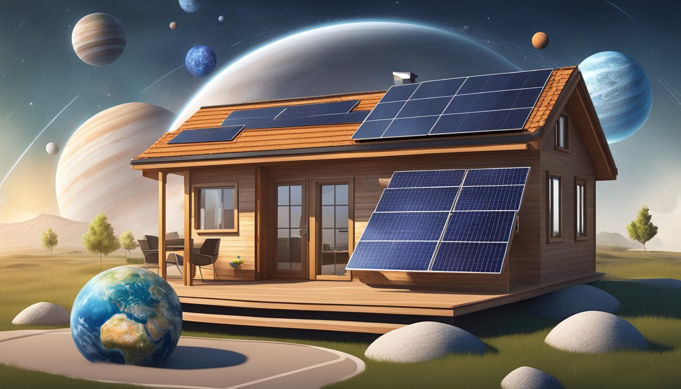 A tiny house with solar panels on the roof, surrounded by a neatly planned out solar system with planets and orbits