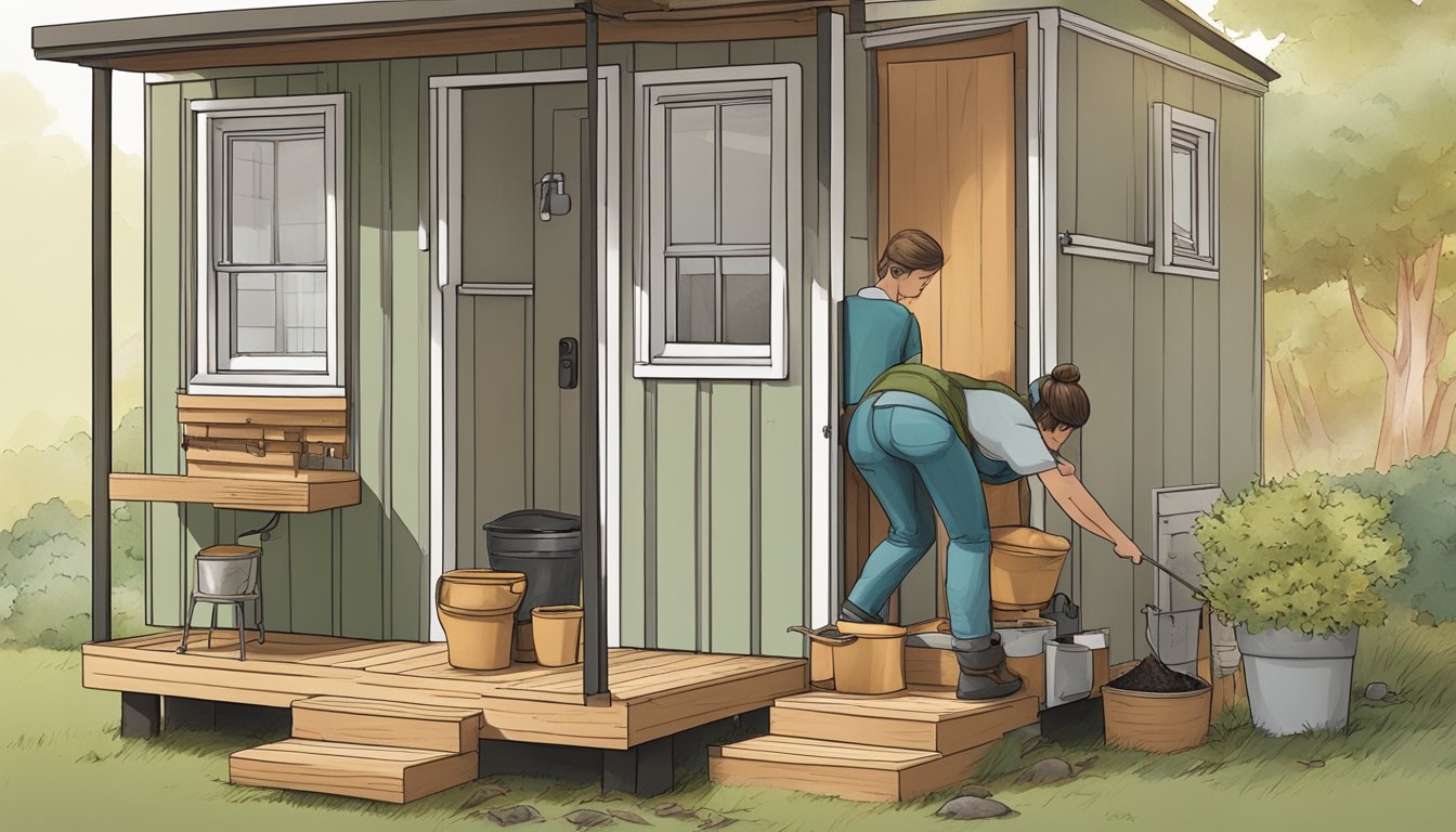 A person adding compost materials to a small, self-contained toilet inside a tiny house