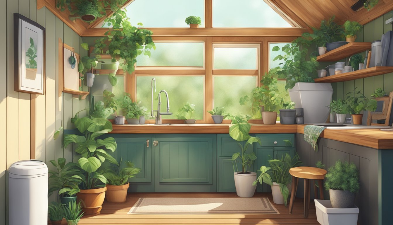 A cozy tiny house interior with a composting toilet, surrounded by green plants and natural light filtering through a window