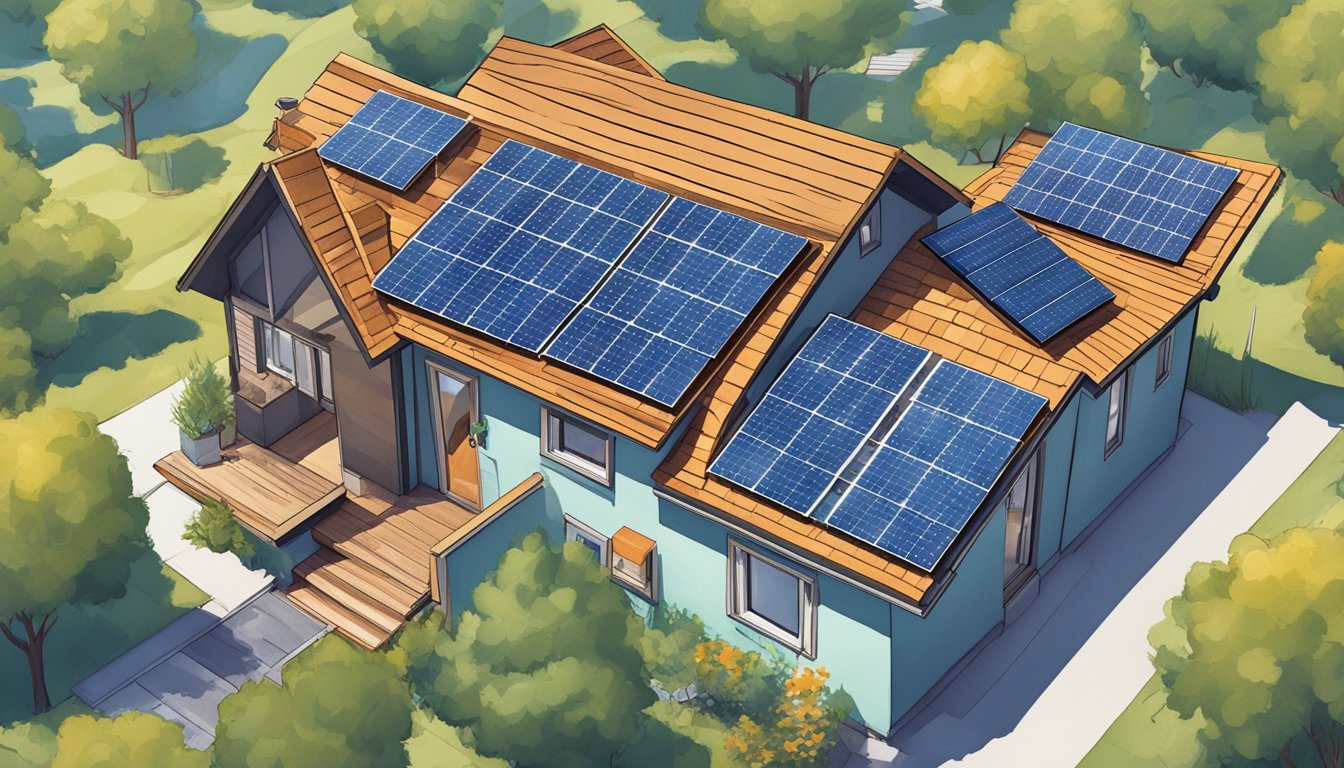 A person installs solar panels on a tiny house roof