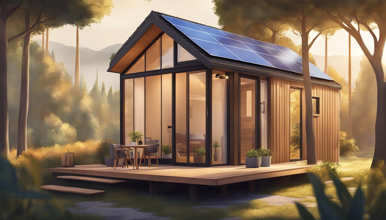 A tiny house with solar panels installed on the roof, surrounded by trees and bathed in sunlight