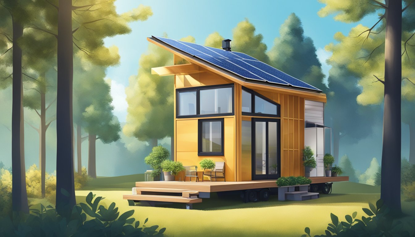 A tiny house with solar panels on the roof, surrounded by trees and a clear blue sky