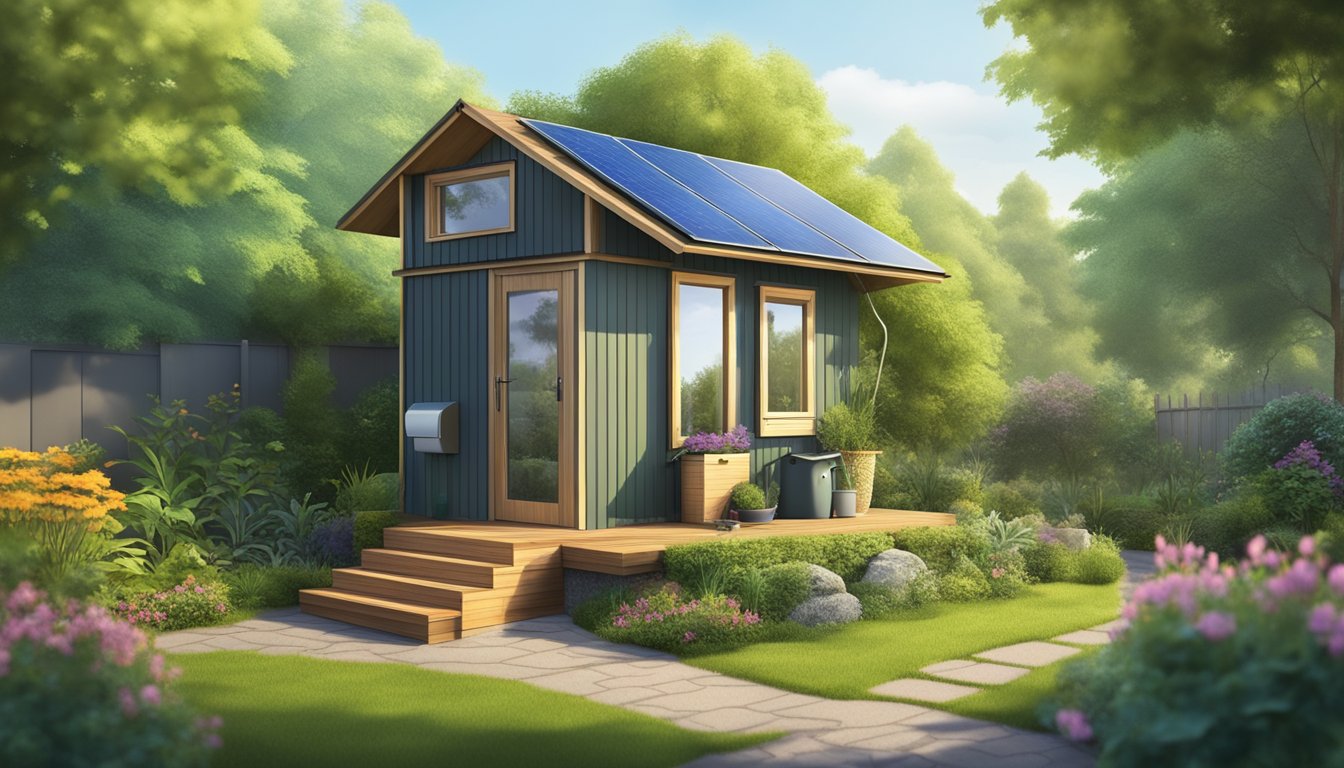 A tiny house with a compost toilet, surrounded by lush greenery and a small garden, with a solar panel on the roof