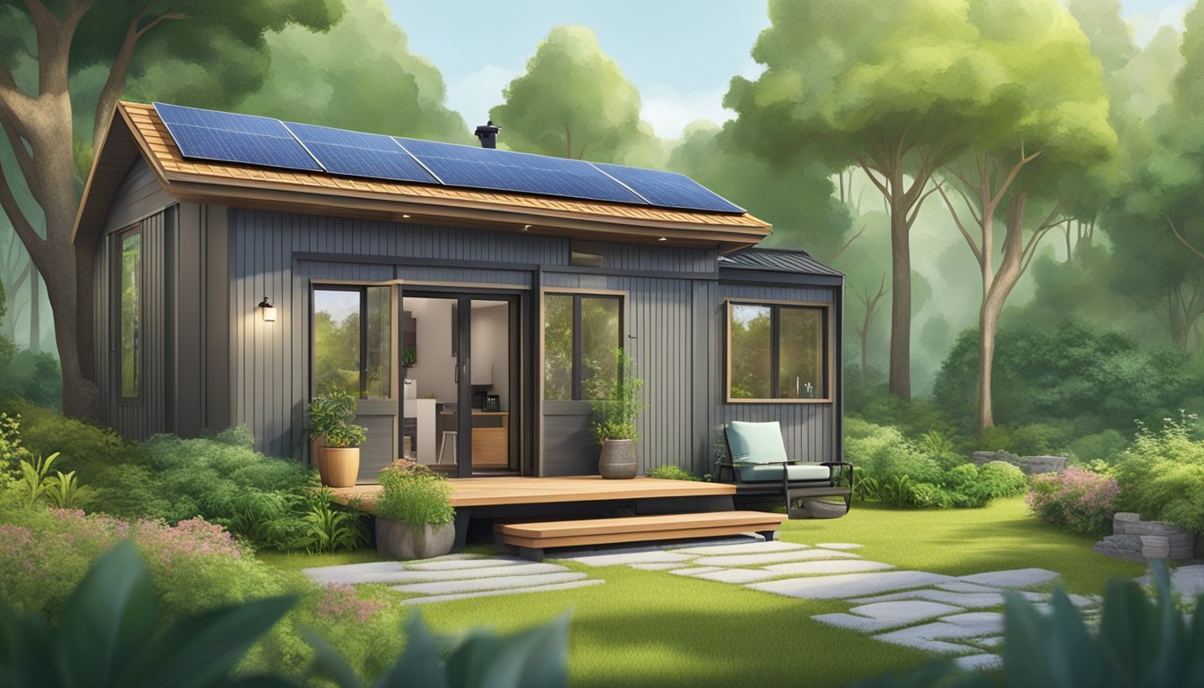 A tiny house with two bedrooms nestled in a lush, green environment with sustainable features like solar panels and rainwater collection