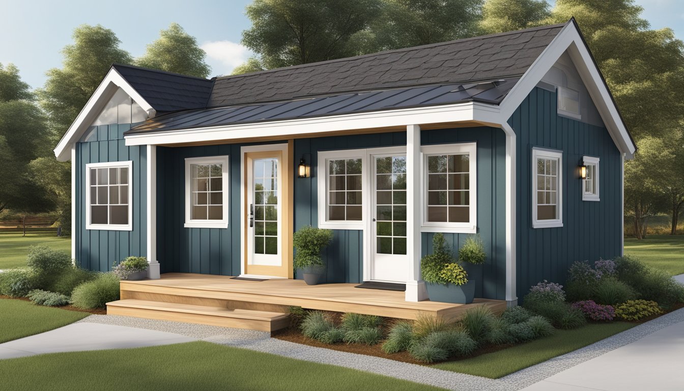 A tiny house with three bedrooms, featuring exterior add-ons like a porch, windows, and a pitched roof