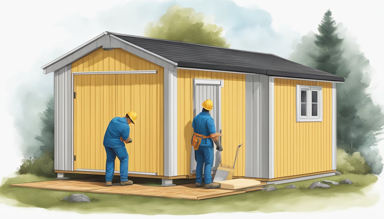 A small shed being insulated and weatherproofed with workers adding insulation and sealing gaps