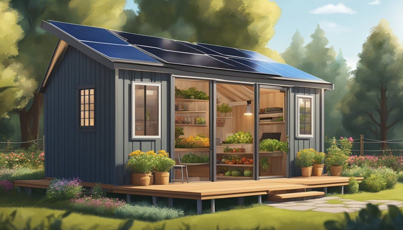 A small shed with a lofted bed, built-in storage, and a cozy living area. Solar panels on the roof, surrounded by trees and a vegetable garden