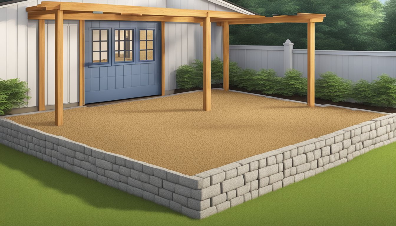 A level, compacted ground with wooden beams forming a foundation for a small shed structure