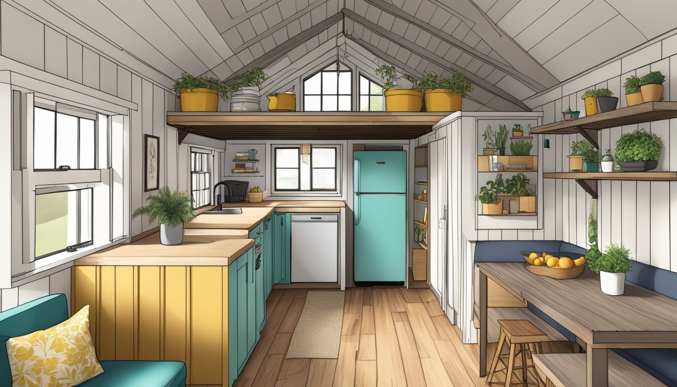 The shed's interior is transformed into a cozy tiny house with stylish finishing and decoration. A loft bed, compact kitchen, and small living area create a functional and inviting space