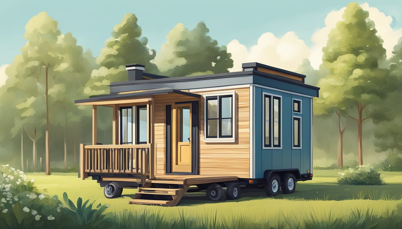 A tiny house on wheels parked in a serene countryside setting, surrounded by lush greenery and a clear blue sky