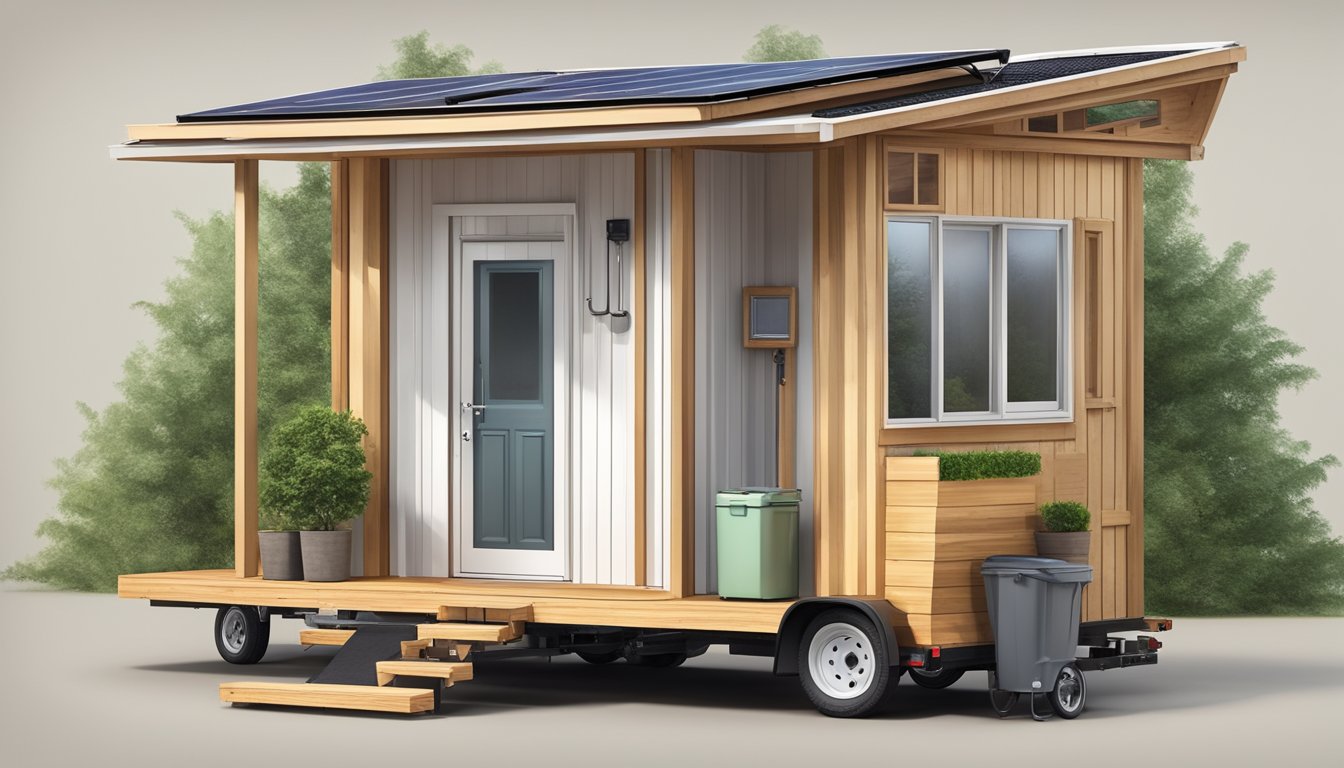 A tiny house on wheels with solar panels, rainwater collection system, and a composting toilet