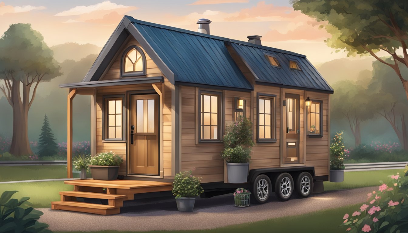 A cozy tiny house on wheels, nestled in a serene outdoor setting with a small porch and potted plants