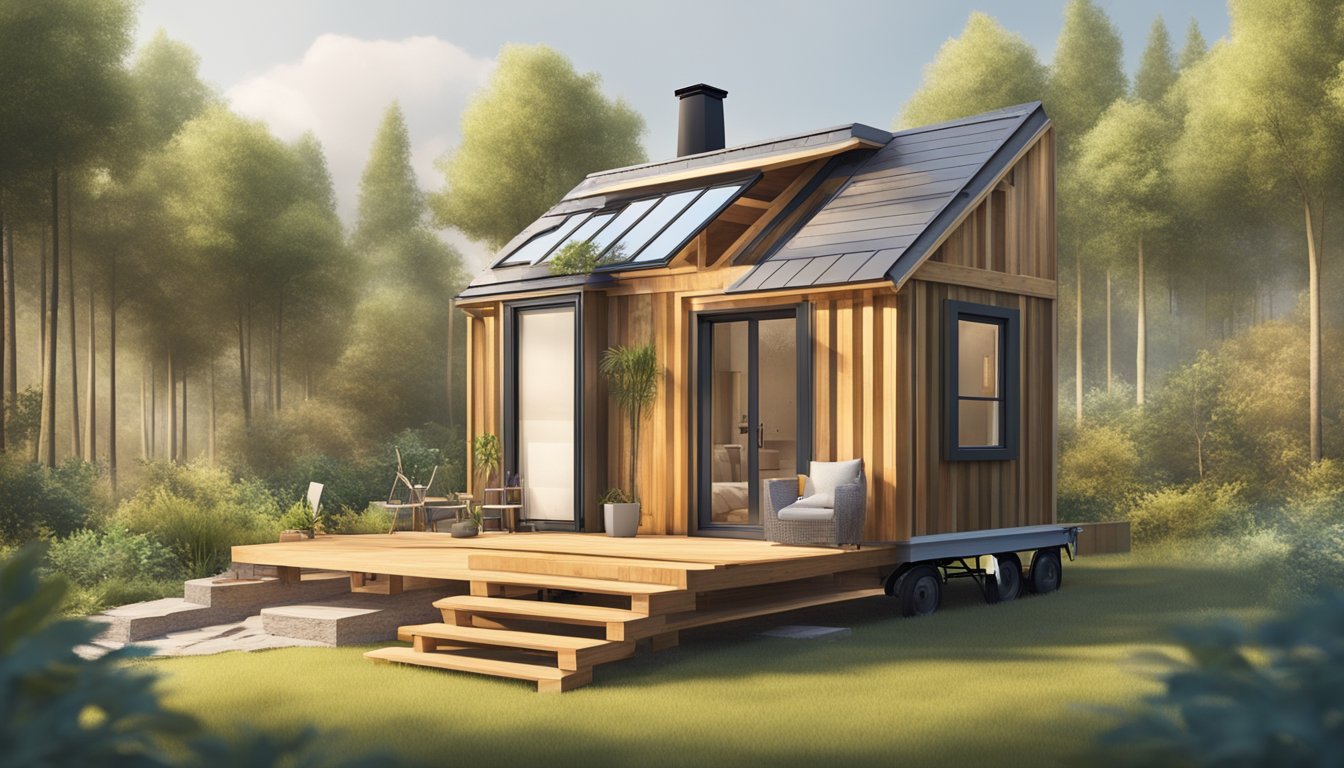 A tiny house being built with recycled materials in a natural setting, with a focus on sustainable and eco-friendly construction techniques