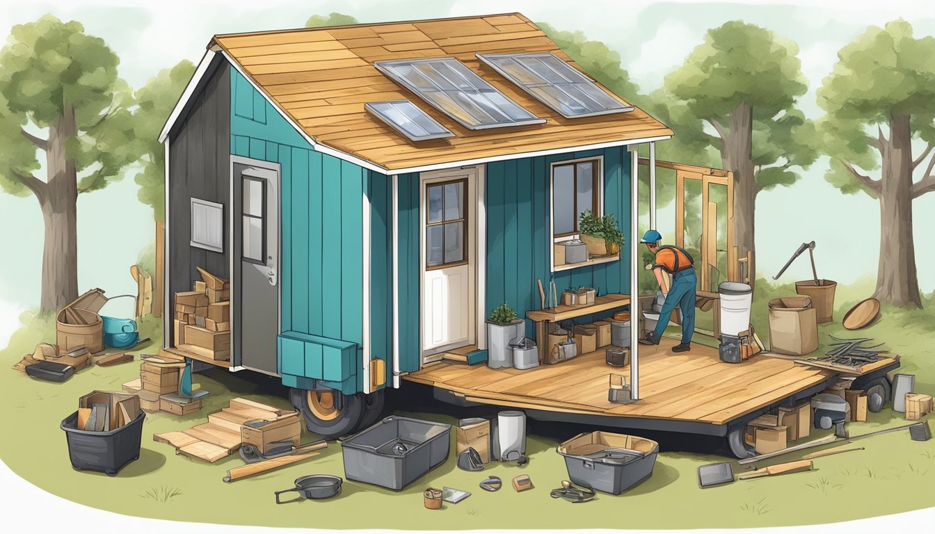 A person gathering salvaged materials and tools from various sources to build a tiny house for free