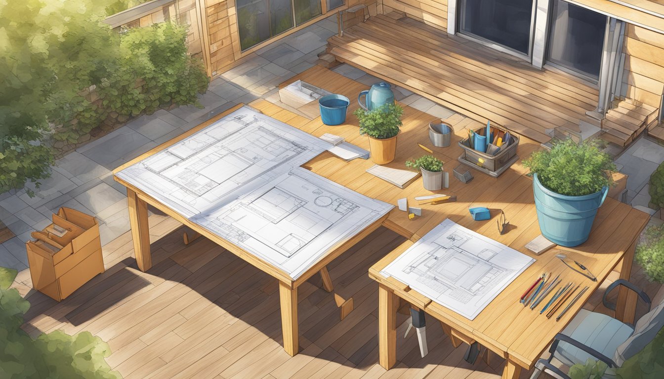 A sunny backyard with a blueprint on a table, surrounded by tools and building materials for a tiny house