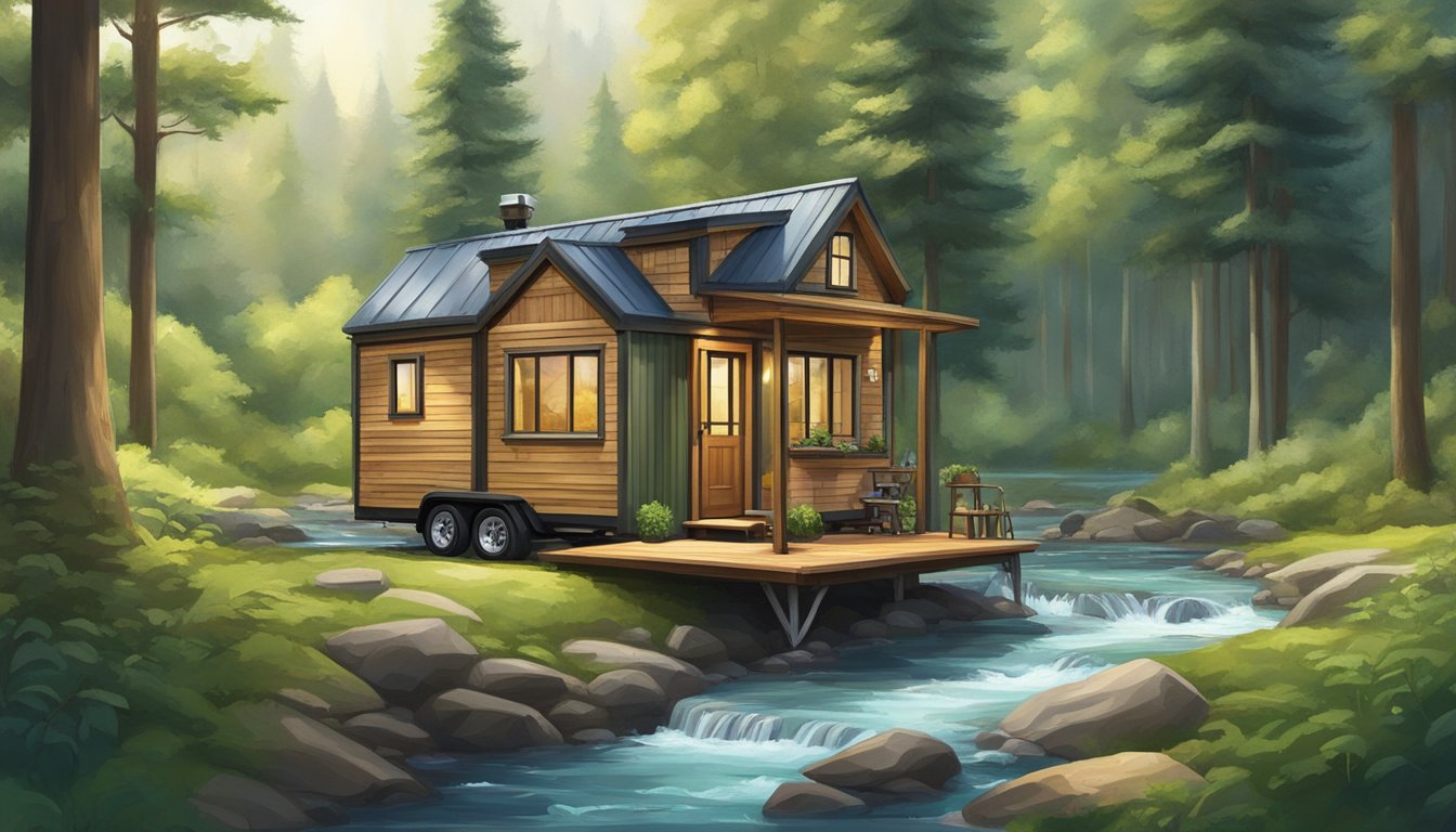 A tiny house on wheels nestled in a lush, green forest, surrounded by tall trees and a clear, flowing stream