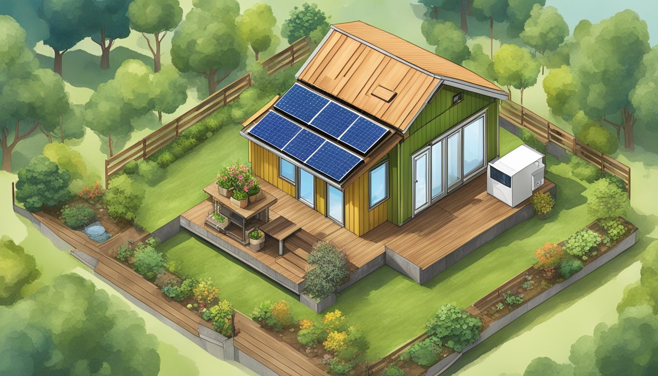 A tiny house surrounded by solar panels, rainwater collection system, and composting toilet