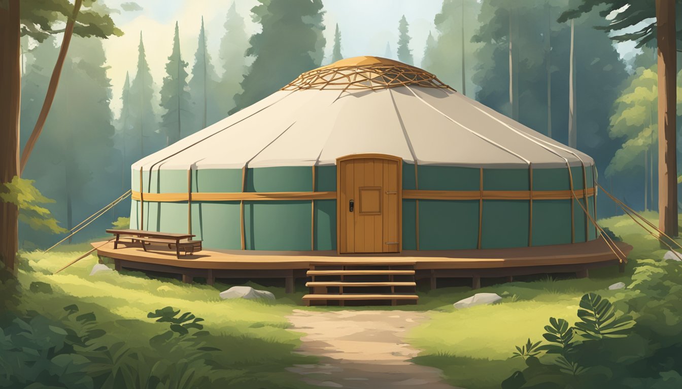 A sturdy yurt stands in a serene forest clearing, surrounded by lush greenery. The exterior shows signs of weathering, while the interior is well-kept and organized