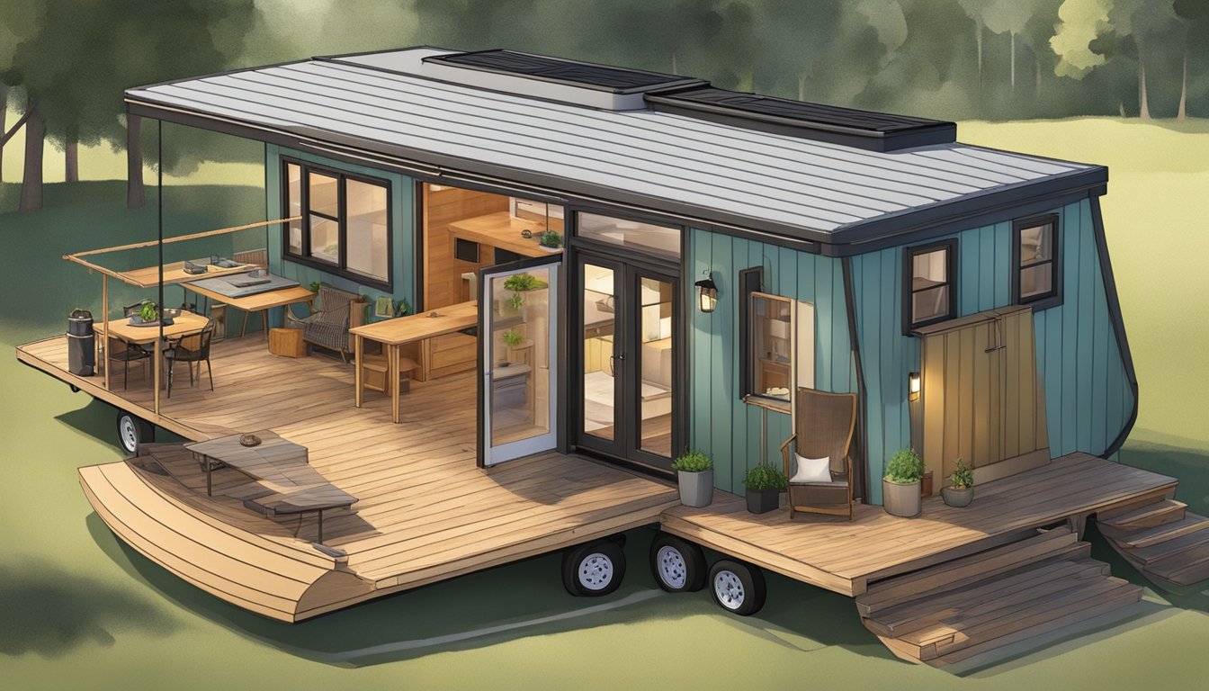 The tiny house boat features a cozy interior with a compact kitchen, a small dining area, and a comfortable sleeping loft. The exterior has a charming deck with a few potted plants and a hammock