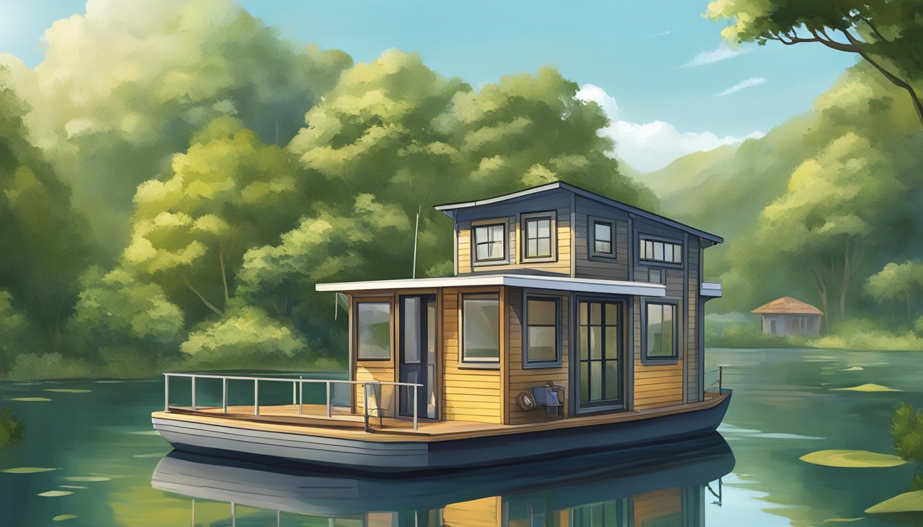 A tiny houseboat docked in a calm, scenic waterway, surrounded by lush greenery and with clear signage indicating safety and legal compliance